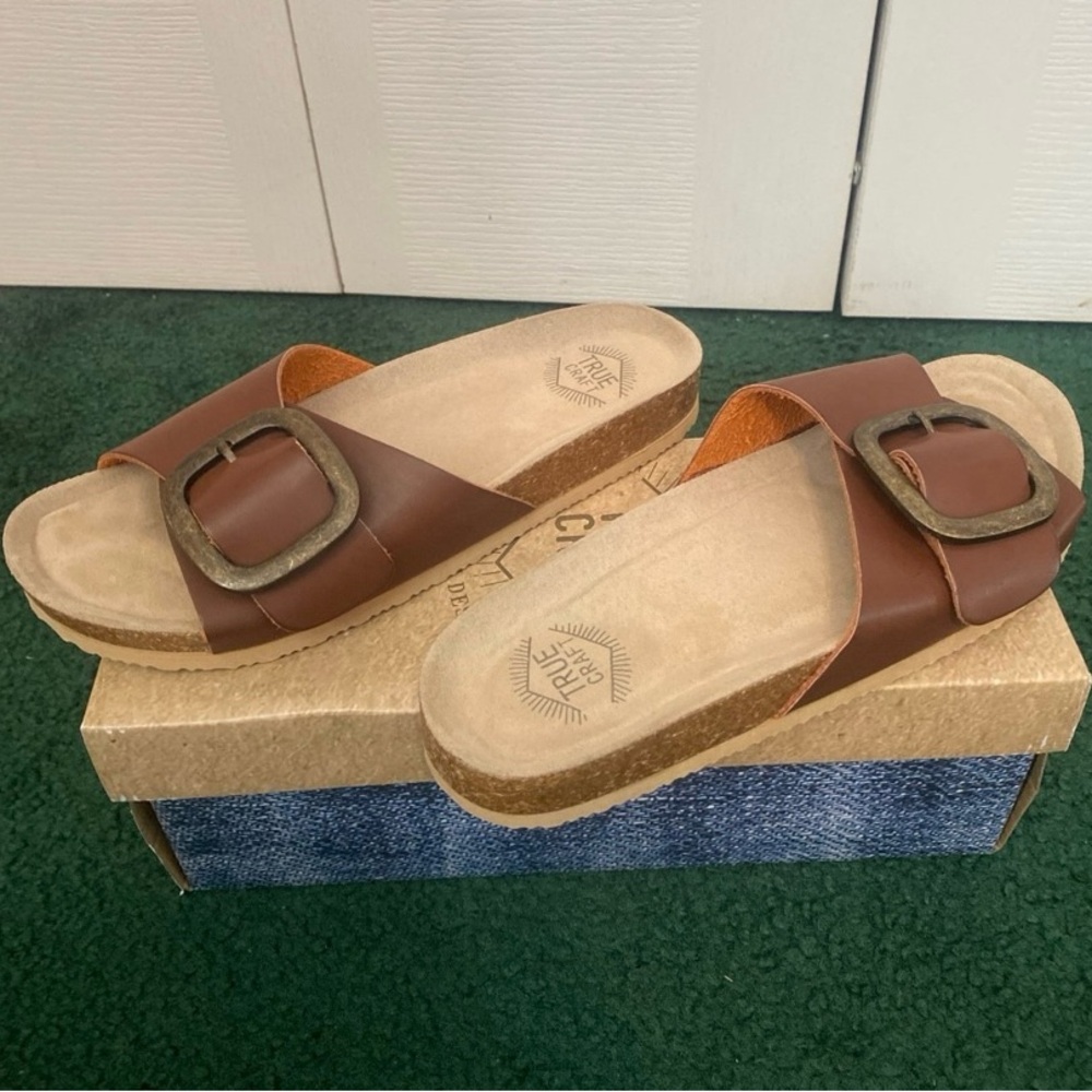 True Craft Tan Slide Sandals with Buckle